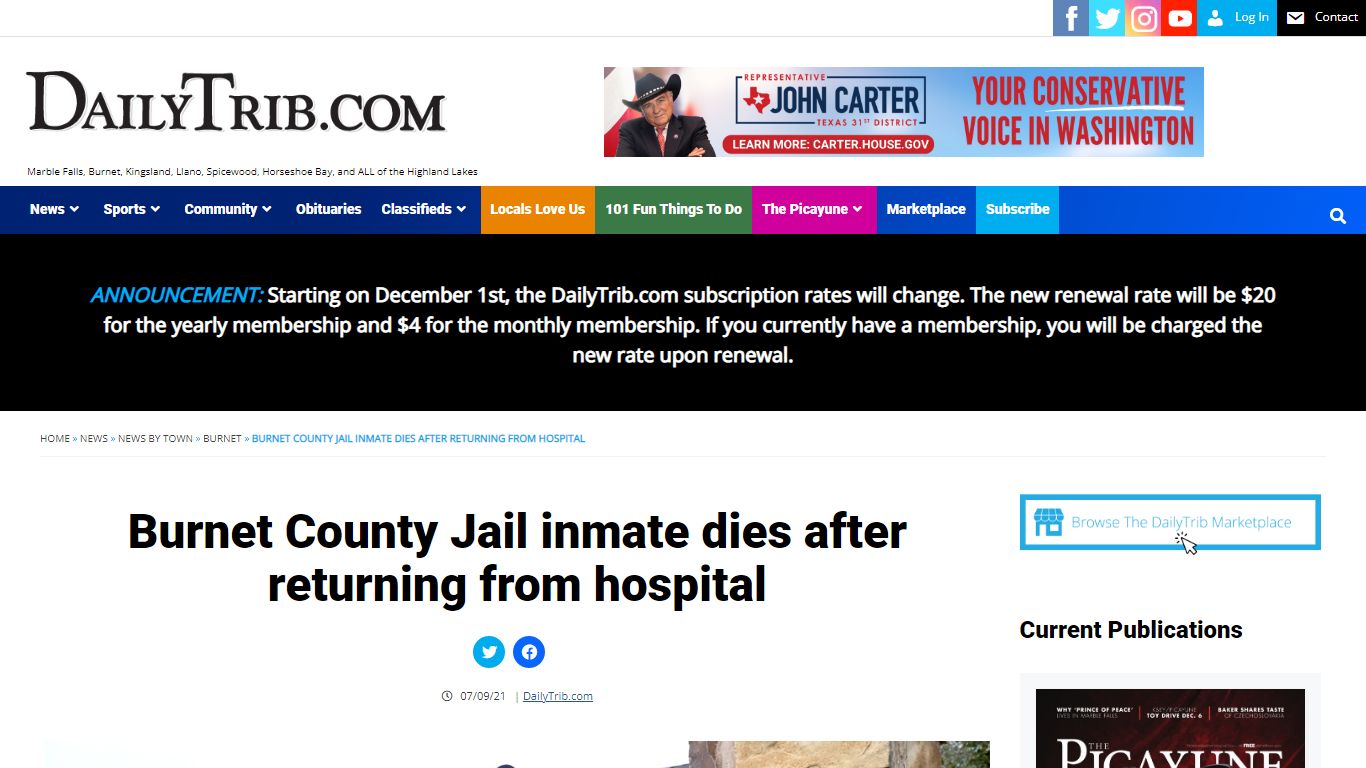 Burnet County Jail inmate dies after returning from hospital